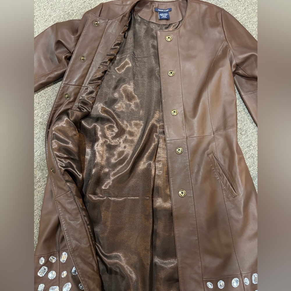 Boston Proper Brown Leather Embellished Long Coat Jacket Sz M Unique - Picture 6 of 10